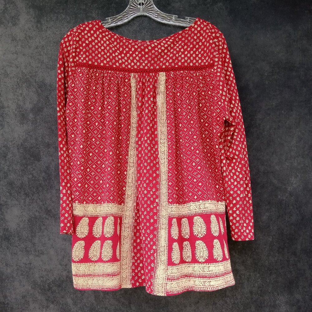 LUCKY BRAND Top Boho Hippie Peasant Festival Blouse Red Tan 3/4 Sleeve Size M - Picture 3 of 6